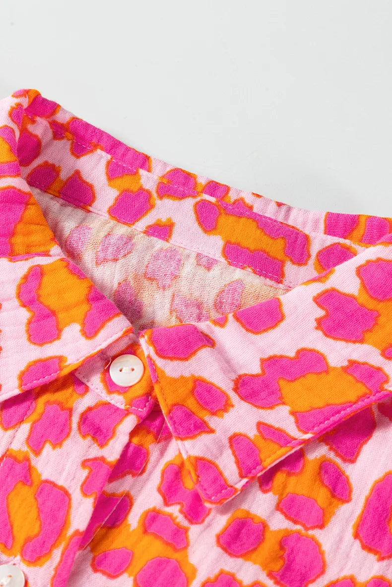 Rose Pink Button Down Leopard Print Blouse