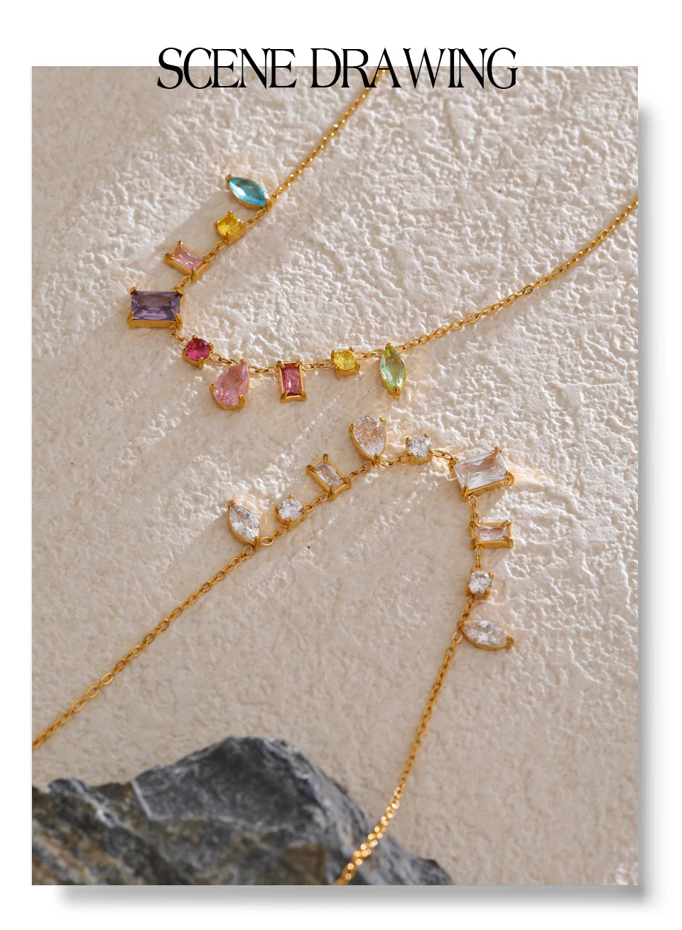 Gold-Plated Multi-Gemstone Pendant Necklace - Pastel Rainbow & White Cubic Zirconia