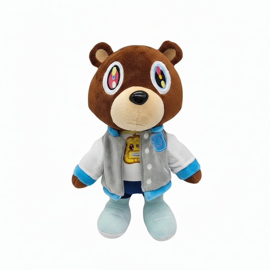 Yeezy Kanye West Plush toy bear wearing a jacket with colorful eyes on a white background