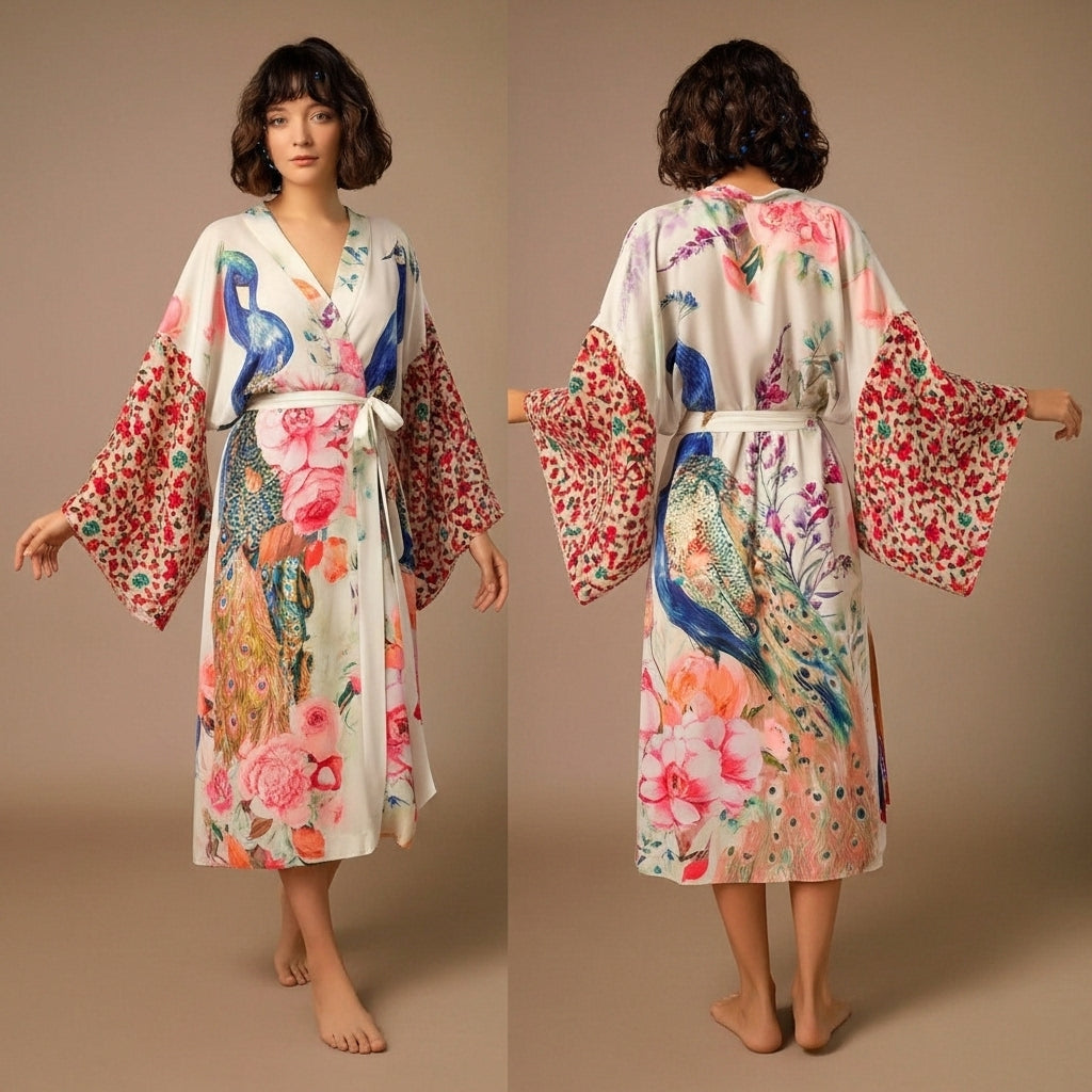 Peacock Reverie Kimono Dressing Gown - Koda Store - Free Shipping