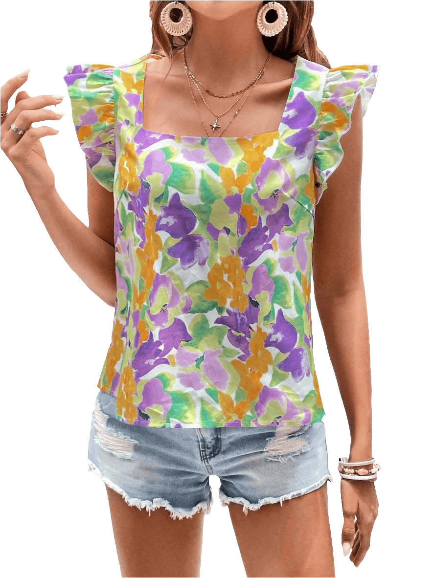 Flora Purple & Orange Printed Flutter Sleeve Blouse Koda Fashion & Decor
