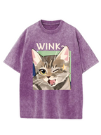 Cute Kitty Wink Printed Acid Wash Crew Neck T-Shirt Koda Store