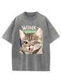 Cute Kitty Wink Printed Acid Wash Crew Neck T-Shirt Koda Store