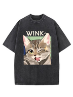 Cute Kitty Wink Printed Acid Wash Crew Neck T-Shirt Koda Store