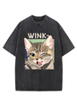 Cute Kitty Wink Printed Acid Wash Crew Neck T-Shirt Koda Store