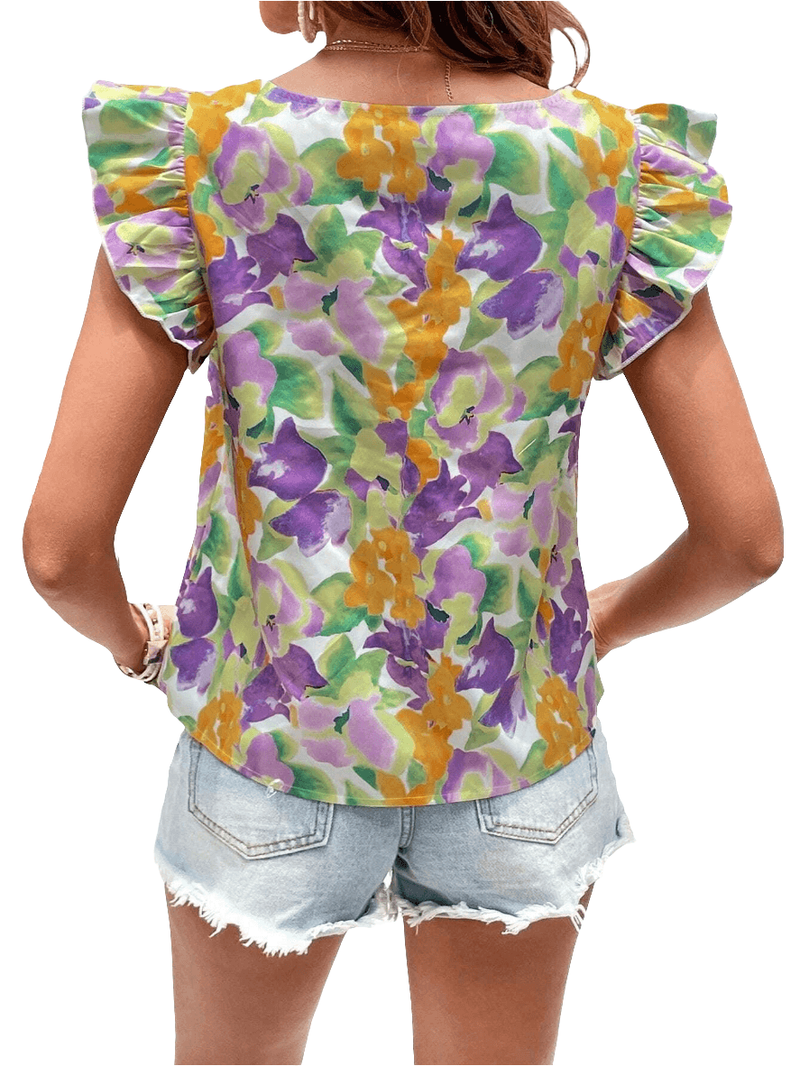 Floral Purple & Orange Watercolour Print Flutter Sleeve Blouse