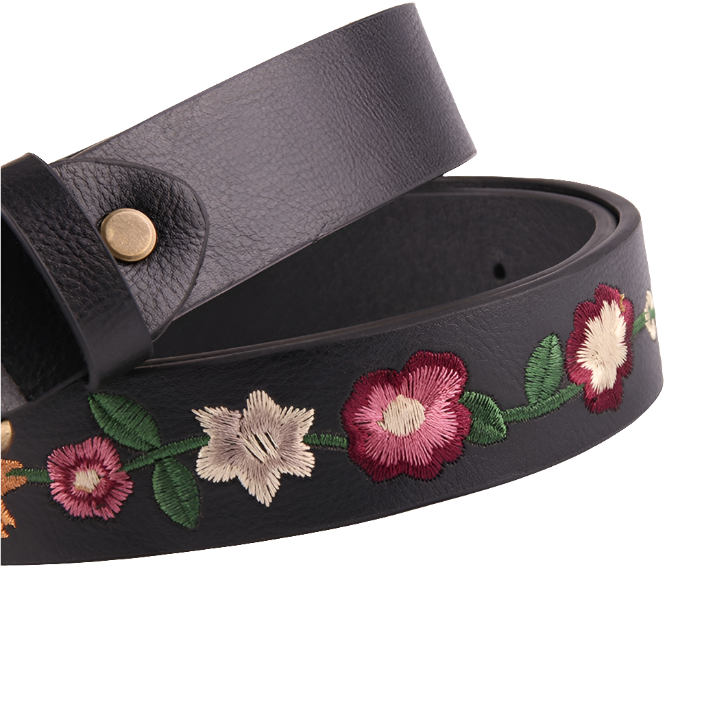 Flower Embroidery Black Faux Leather Buckle Belt Koda Fashion & Decor
