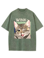 Cute Kitty Wink Printed Acid Wash Crew Neck T-Shirt Koda Store