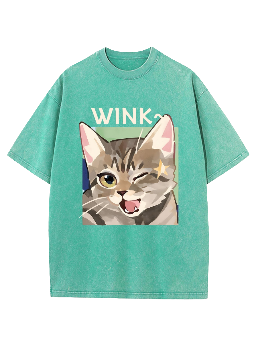 Cute Kitty Wink Printed Acid Wash Crew Neck T-Shirt Koda Store