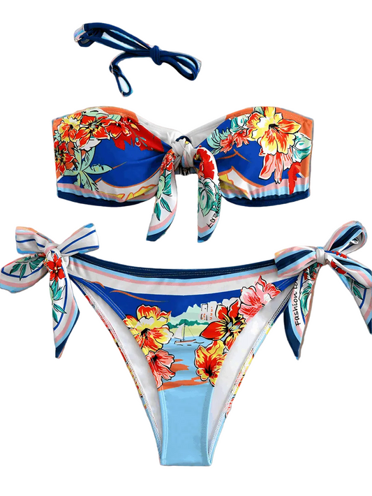 Floral bikini set with colorful design on a white background