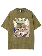 Cute Kitty Wink Printed Acid Wash Crew Neck T-Shirt Koda Store