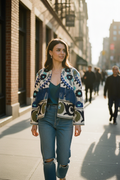 Woman walking on a city street wearing a patterned frill jacket and jeans.