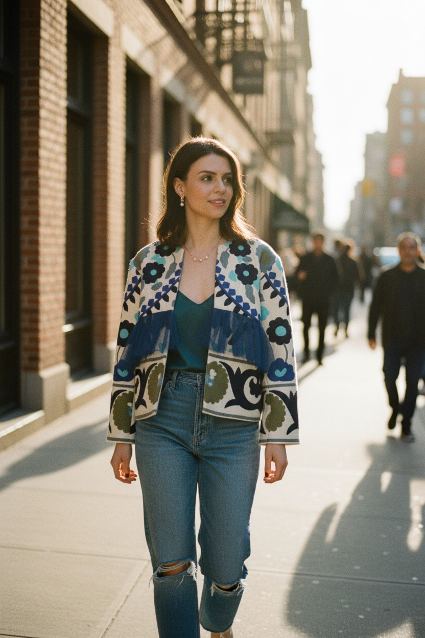 Woman walking on a city street wearing a patterned frill jacket and jeans.