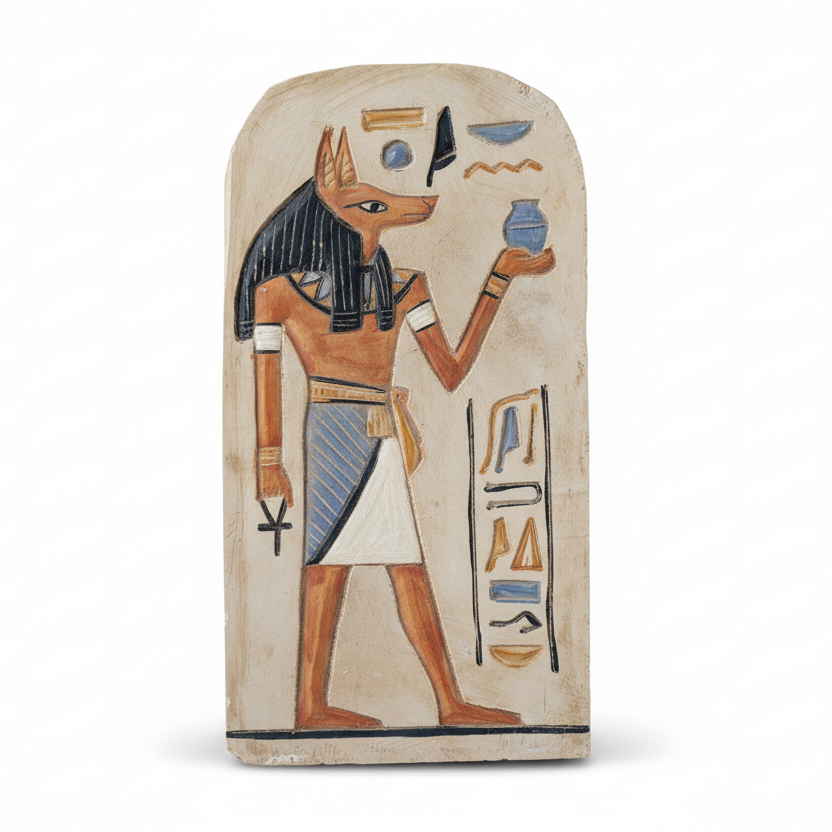Decorative stone plaque with an Egyptian-style Anubis hieroglyph figure holding a vase on a white background