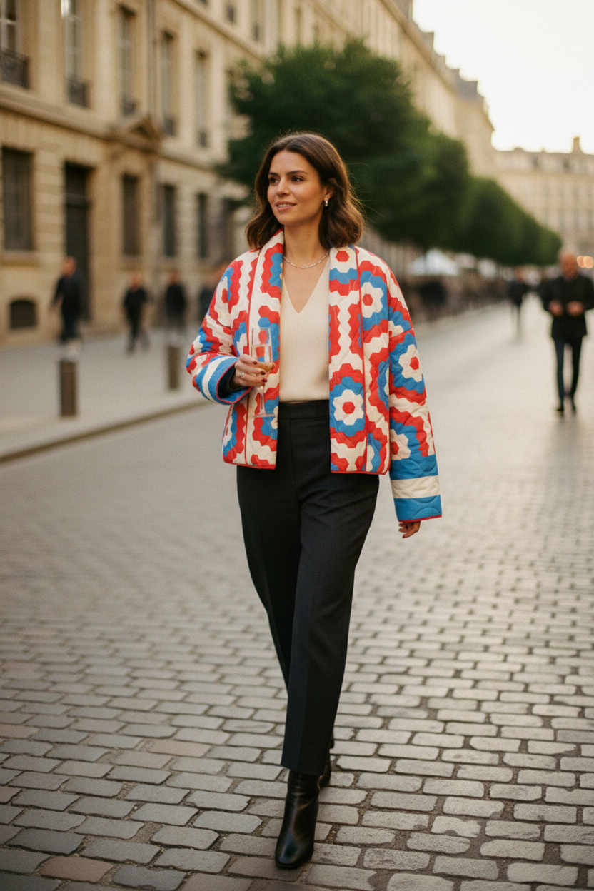 Woman in a colorful jacket walking on a city street