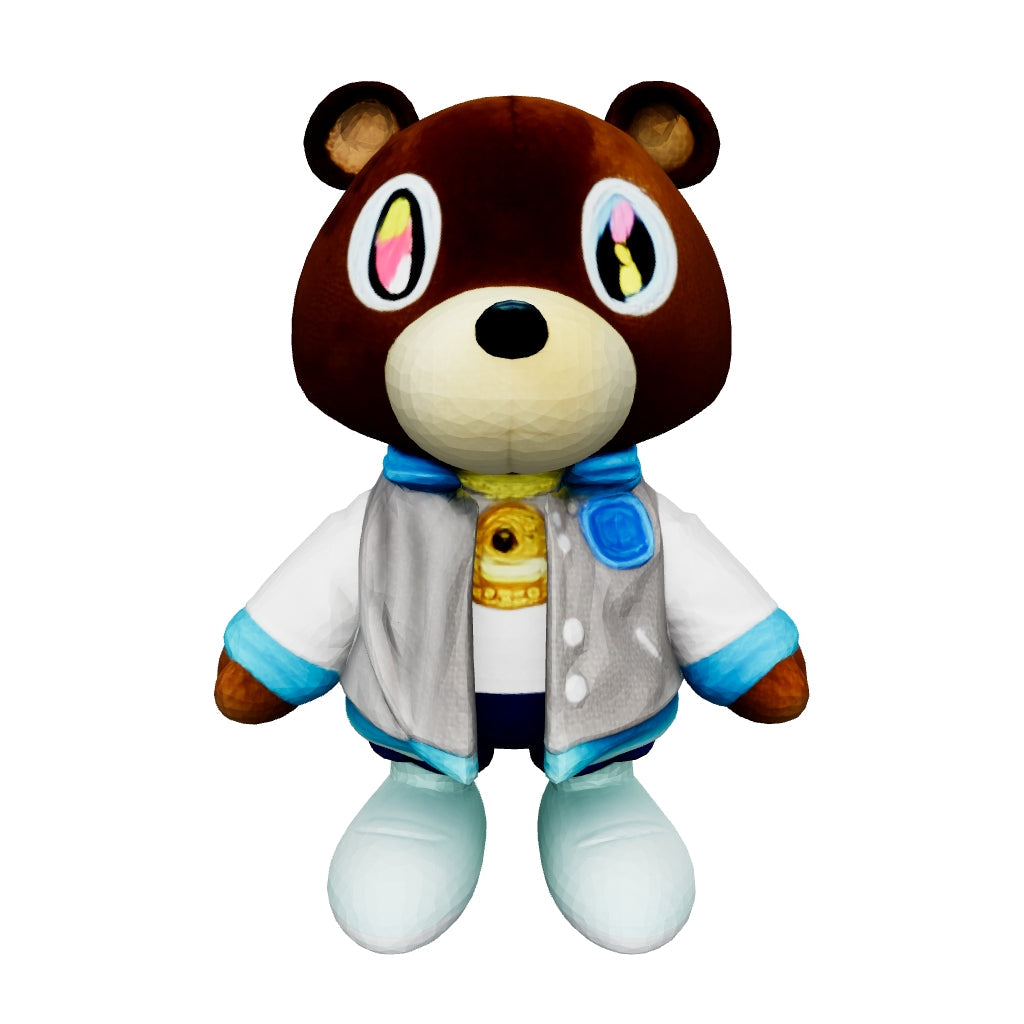 A detailed 3D model of a Kanye West bear plush toy featuring a brown bear in a light blue jacket, white shirt, and blue pants, designed as a collectible pop‑culture plush for gifting, home décor, and fan merchandise.