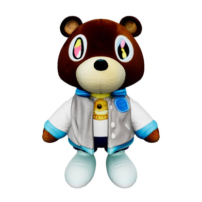 A detailed 3D model of a Kanye West bear plush toy featuring a brown bear in a light blue jacket, white shirt, and blue pants, designed as a collectible pop‑culture plush for gifting, home décor, and fan merchandise.