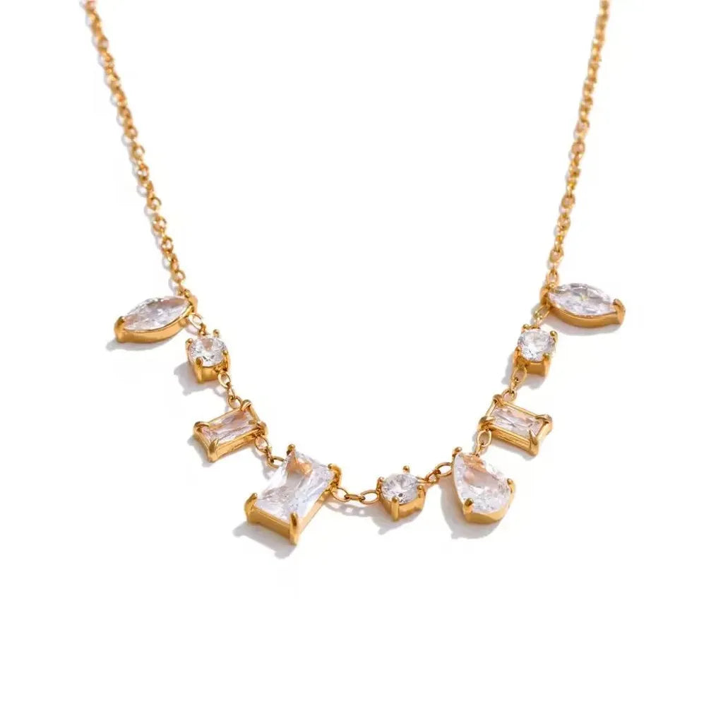 Gold-Plated Multi-Gemstone Pendant Necklace - Pastel Rainbow & White Cubic Zirconia