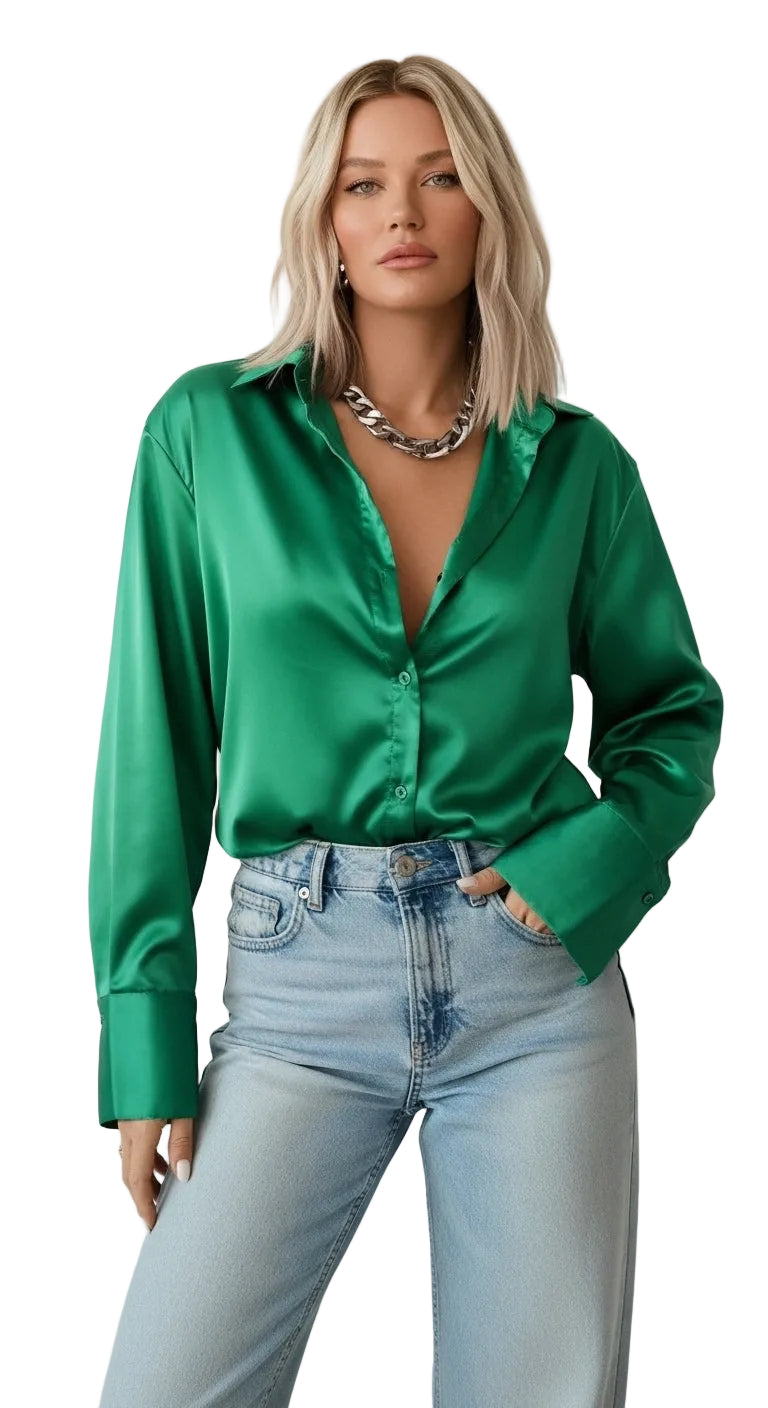 Vintage Lapel Satin Blouse in Emerald Green