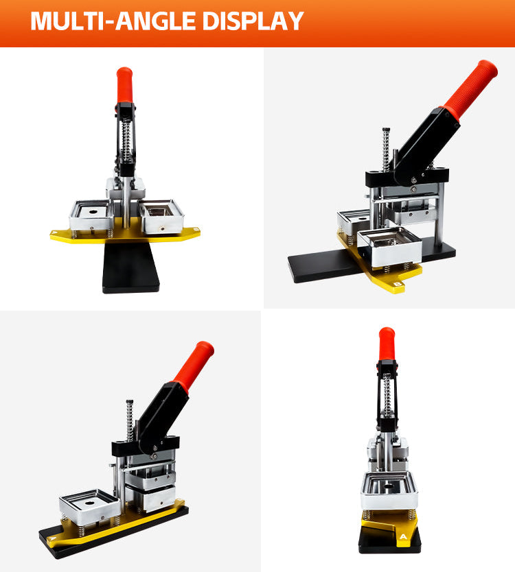 Multi-angle display of a mechanical magnet making device with red and black components on a white background.