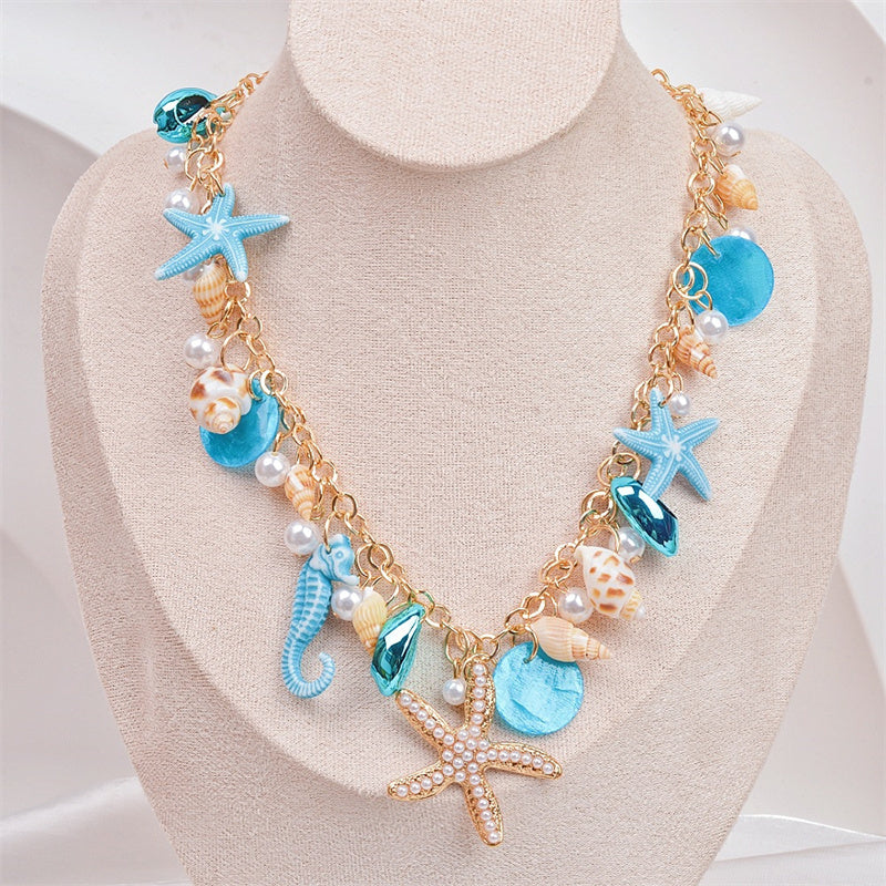 Starfish Seashells Coastal Necklace- Blue Shop name