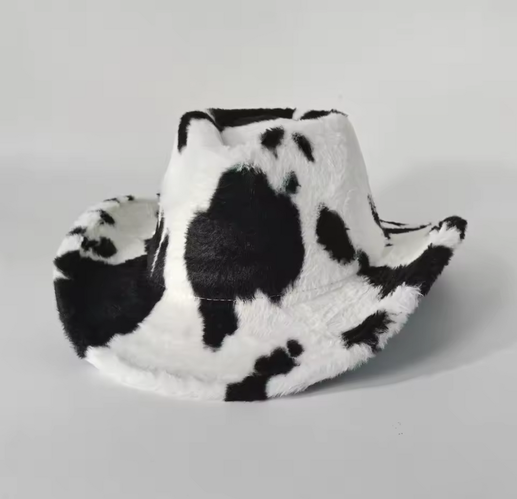 The ‘Dakota’ Cow Print Cowboy Hat // Vegan Plush Western Festival Edition