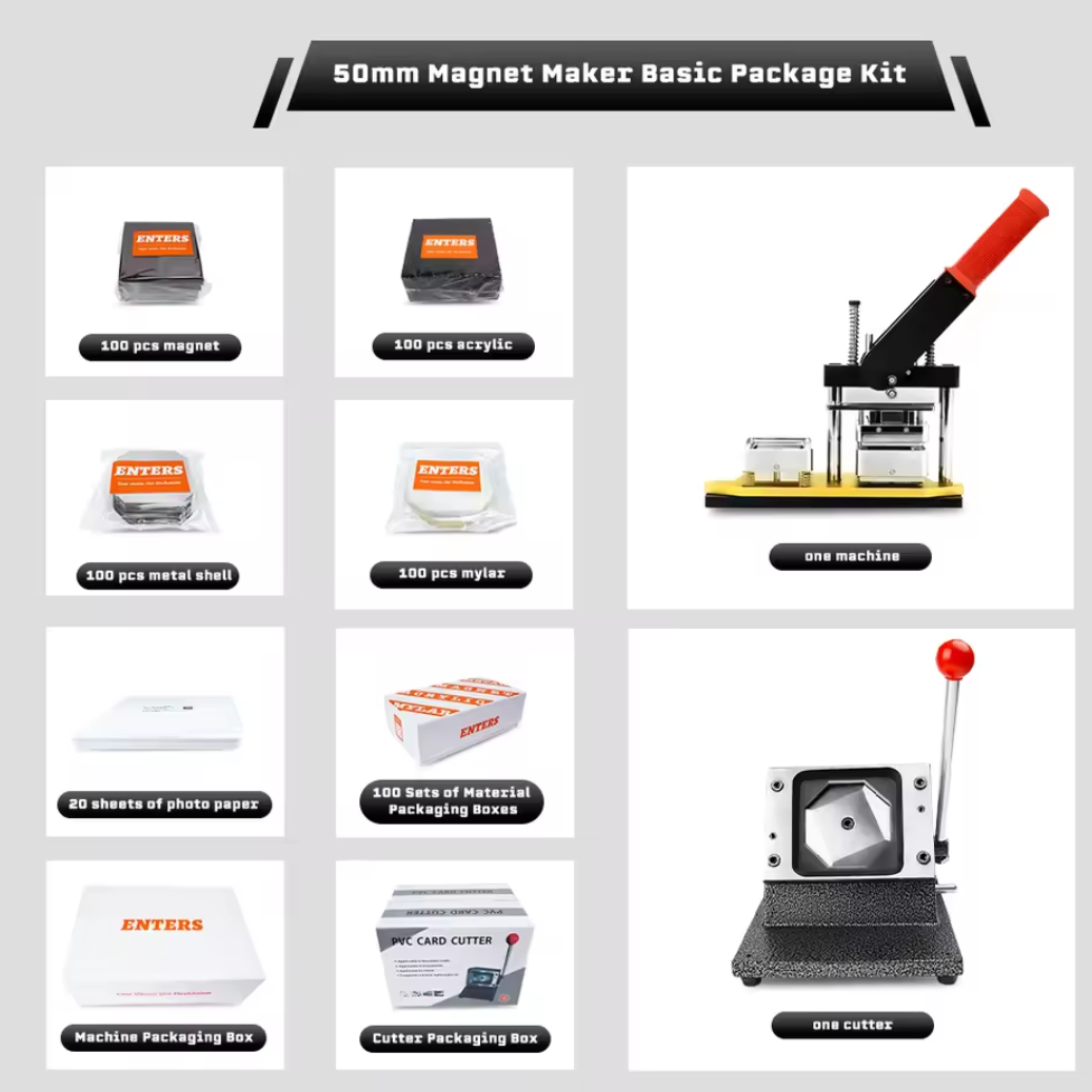 50*50mm Square Custom Photo Magnet Maker Kit - Press Push  Machine, Cutter & 100 Acrylic Pieces Set