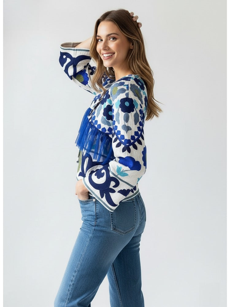The Elara Floral Mixed-Media Jacket – Azure Blue Collarless Boho Coatigan