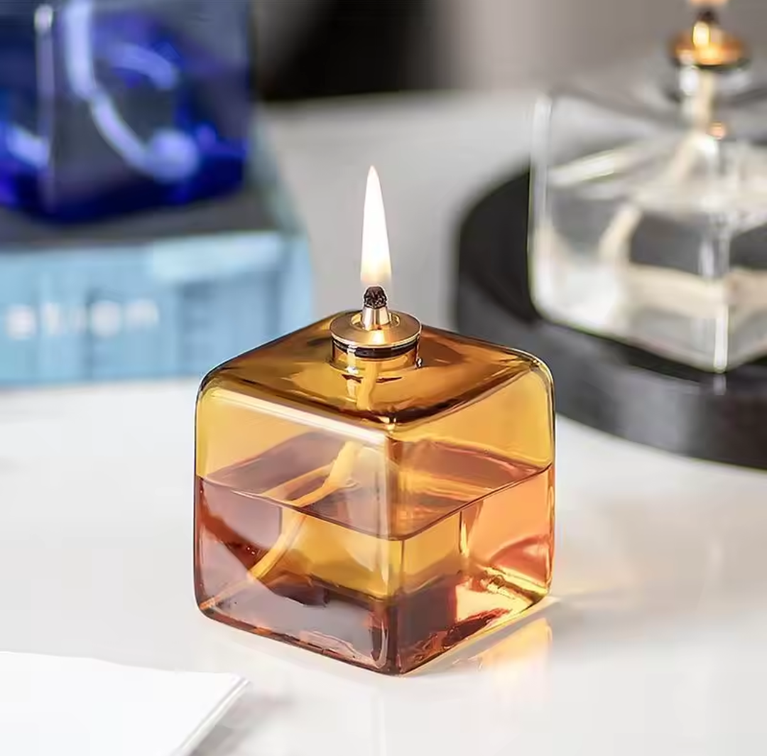 Refillable Glass Cube Oil Lamp - Petite Long-Burn Candle