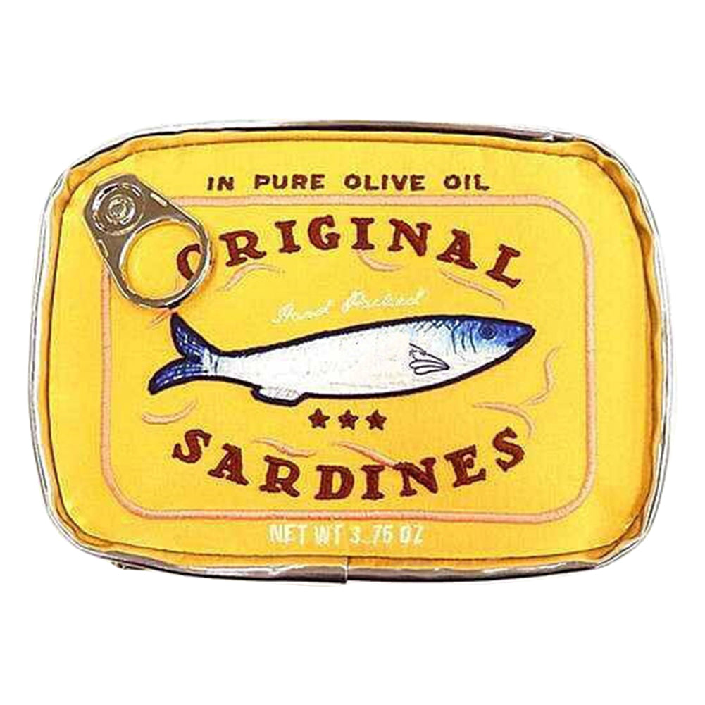 Sardine can-shaped pouch with yellow label and sardine illustration on a white background
