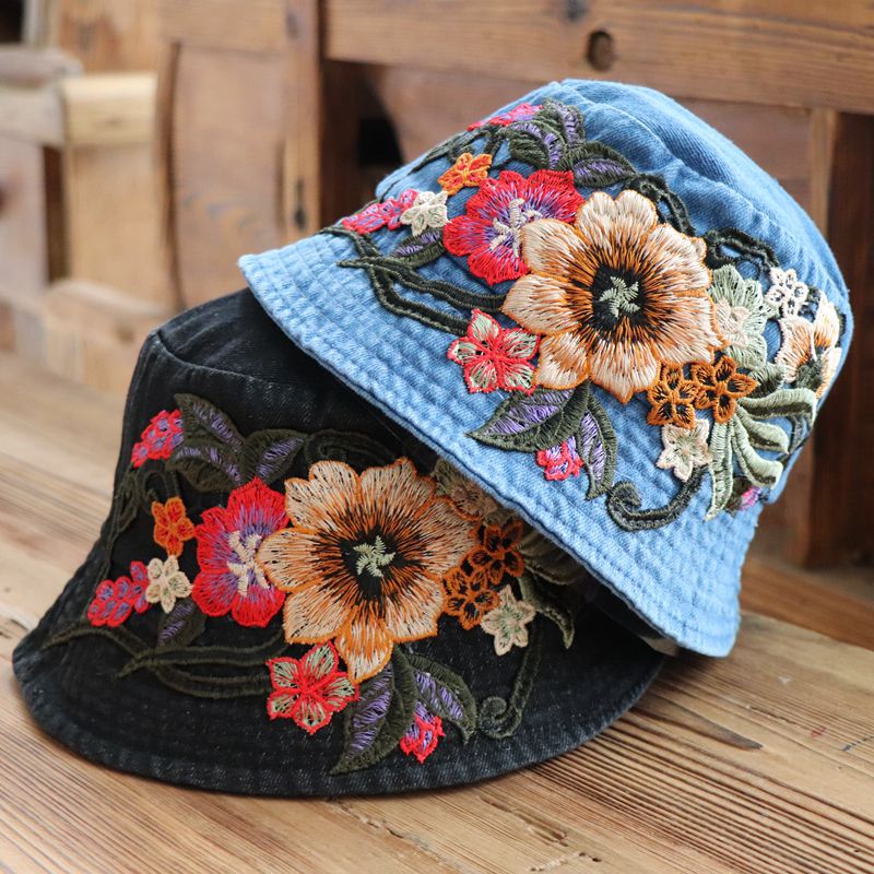 Sunset Stitch - Floral Embroidery Denim Bucket Hat Shop name