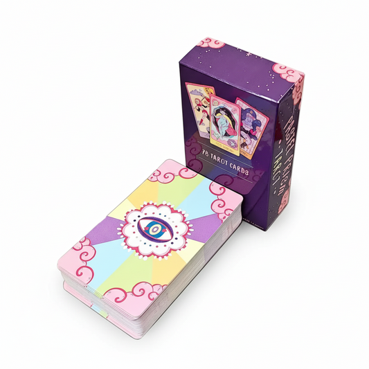 Card deck with colorful design and purple box on a white background