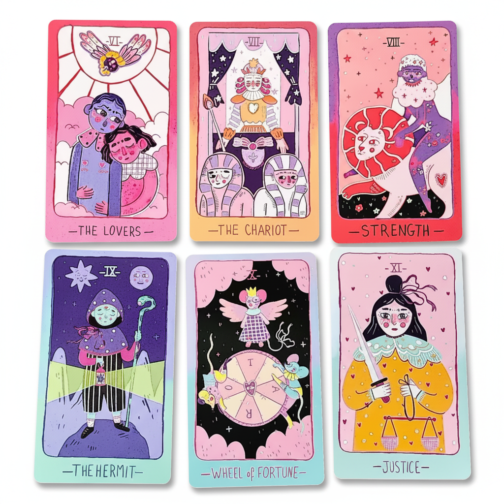 Set of colorful tarot cards displayed on a surface.
