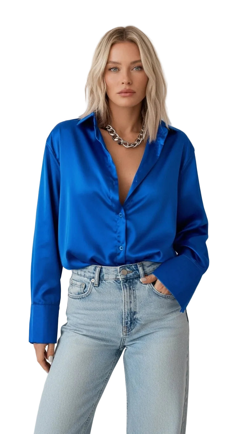 Vintage Lapel Satin Blouse in Royal Blue