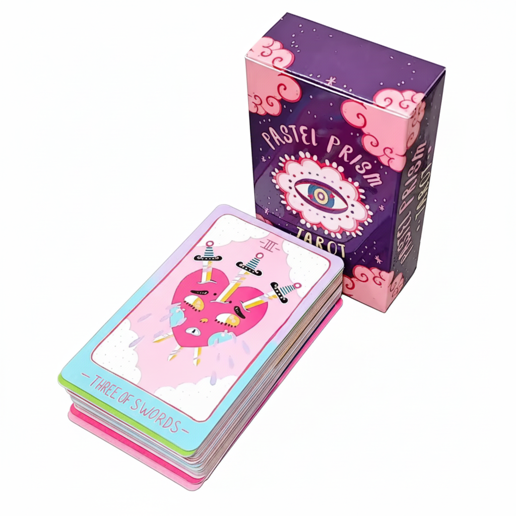 Tarot card fortune game packaging with cards on a gray surface