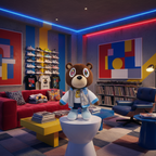 Kawaii Plush toy bear of Kanye West with a gray jacket in an eclectic lounge room 