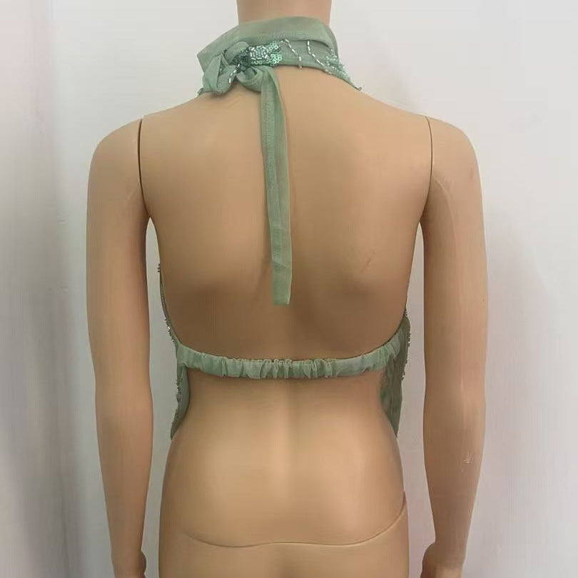 The Lyra // Embroidered Botanical Halter-Neck in Moss Green