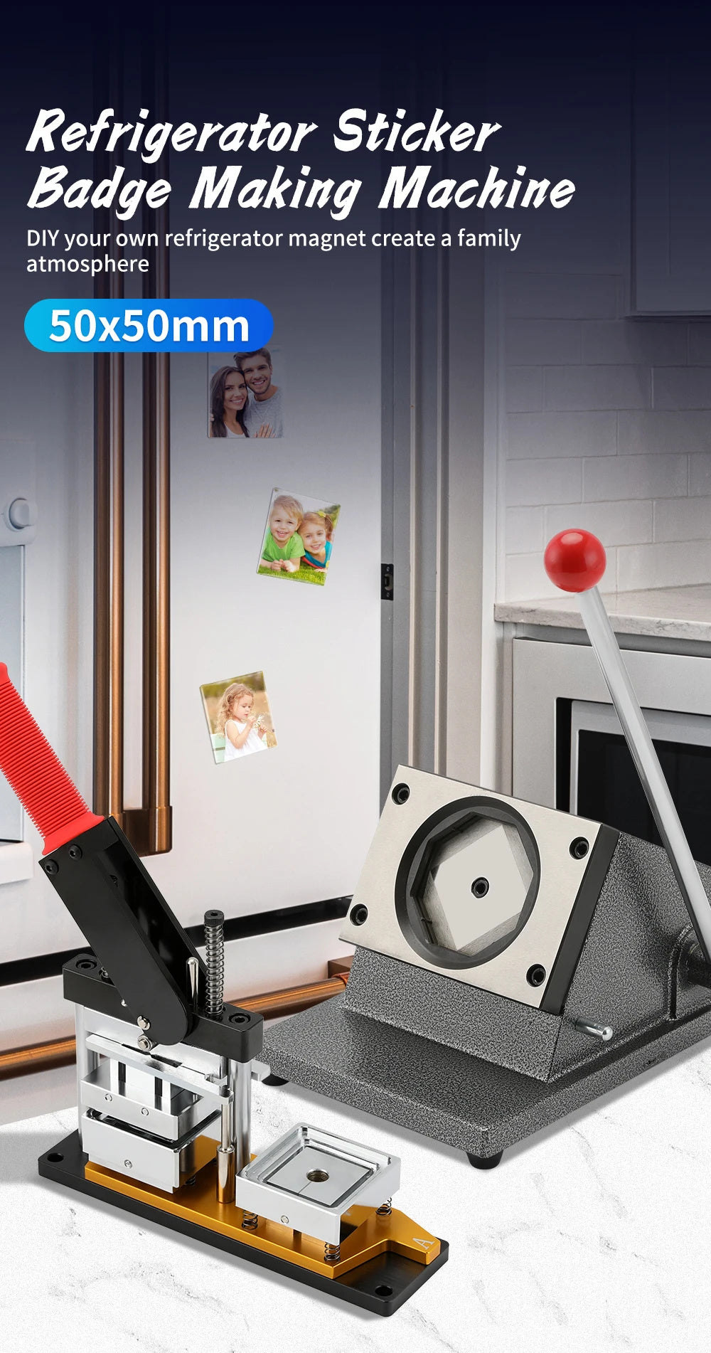 50*50mm Square Custom Photo Magnet Maker Kit - Press Push  Machine, Cutter & 100 Acrylic Pieces Set