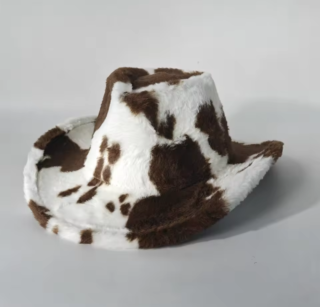 The ‘Dakota’ Cow Print Cowboy Hat // Vegan Plush Western Festival Edition