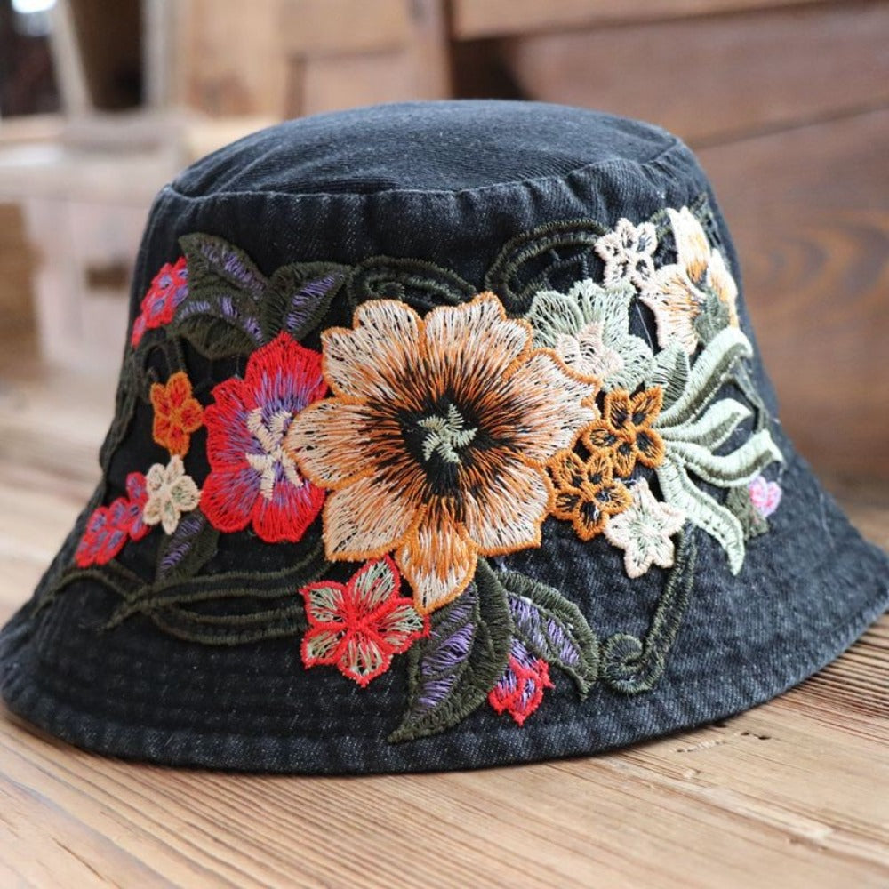 Sunset Stitch - Floral Embroidery Denim Bucket Hat Shop name