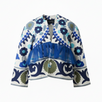 Koda Store Elara Blue Floral Boho Coatigan Jacket with Sheer Organza Mesh Hem and Collarless Open-Front Design.
