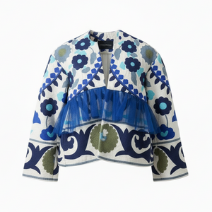 Koda Store Elara Blue Floral Boho Coatigan Jacket with Sheer Organza Mesh Hem and Collarless Open-Front Design.