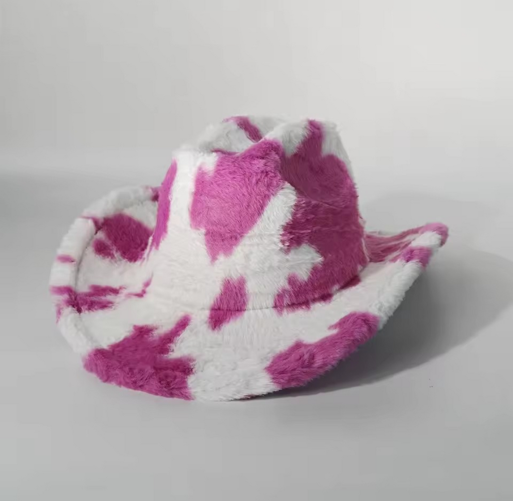The ‘Dakota’ Cow Print Cowboy Hat // Vegan Plush Western Festival Edition