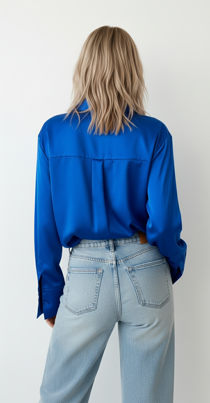 Vintage Lapel Satin Blouse in Royal Blue