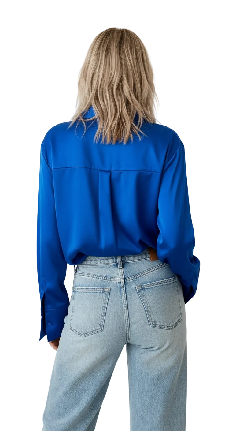 Vintage Lapel Satin Blouse in Royal Blue