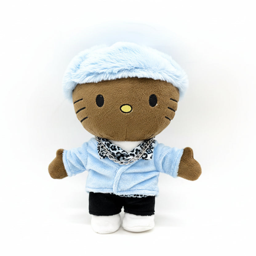 Hello Kitty Plush toy dressed as Tyler the Creator in a blue outfit with a white background