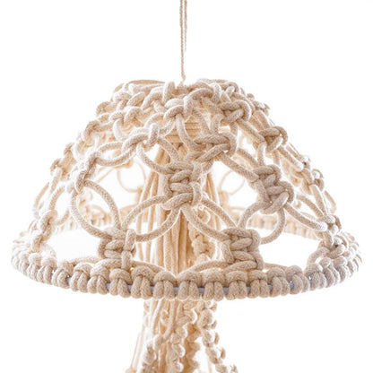 Macrame pendant light with braided design on a white background