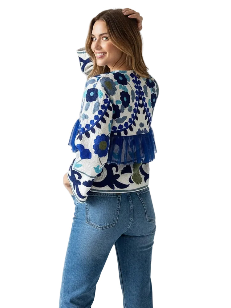 The Elara Floral Mixed-Media Jacket – Azure Blue Collarless Boho Coatigan