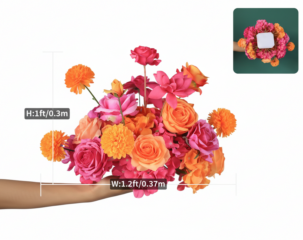 Bouquet of pink and orange flowers held by a hand with measurements on a blank, white background