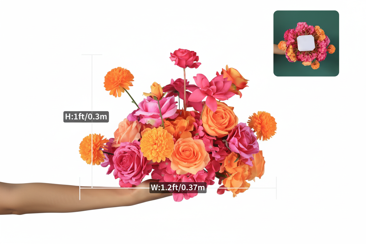 Bouquet of pink and orange flowers held by a hand with measurements on a blank, white background